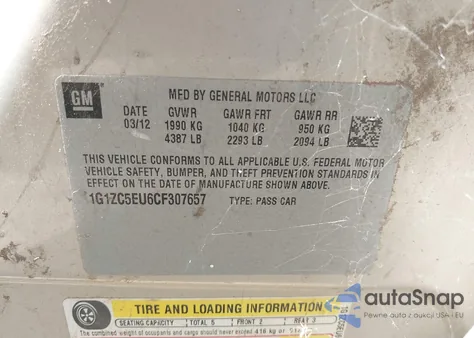 2012 Chevrolet Malibu 1Lt из США, поврежденный, VIN 1G1ZC5EU6CF307657